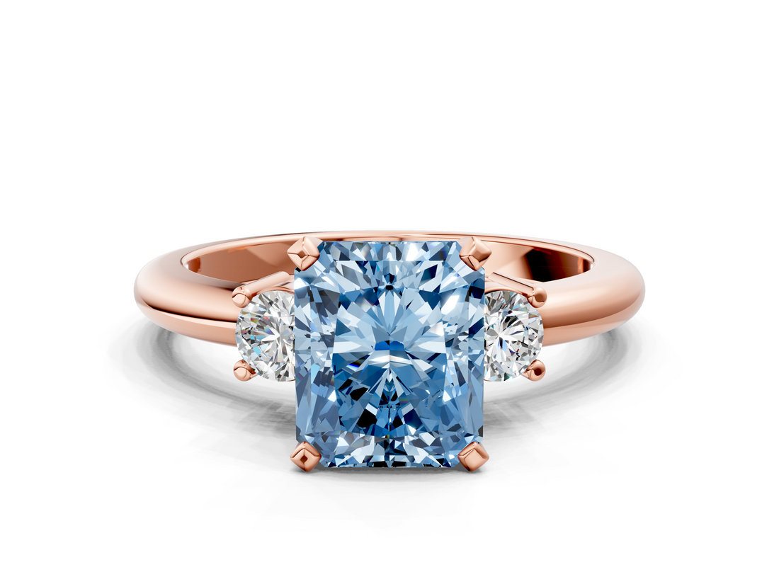 Rose gold Three-Stone Fancy Blue Radiant  Cut Diamond Solitaire with Prong Setting and Classic Band_44