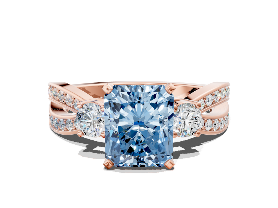 Rose gold Three-Stone Fancy Blue Radiant  Cut Diamond Twist Band with Prong Setting_51