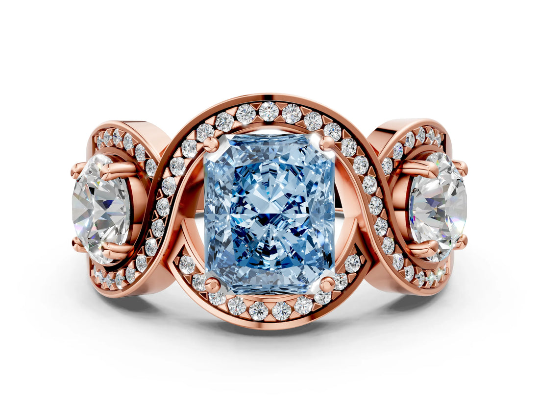 Rose gold Three-Stone Fancy Blue Radiant Cut Diamond Wave Pave Band with Prong Setting_6