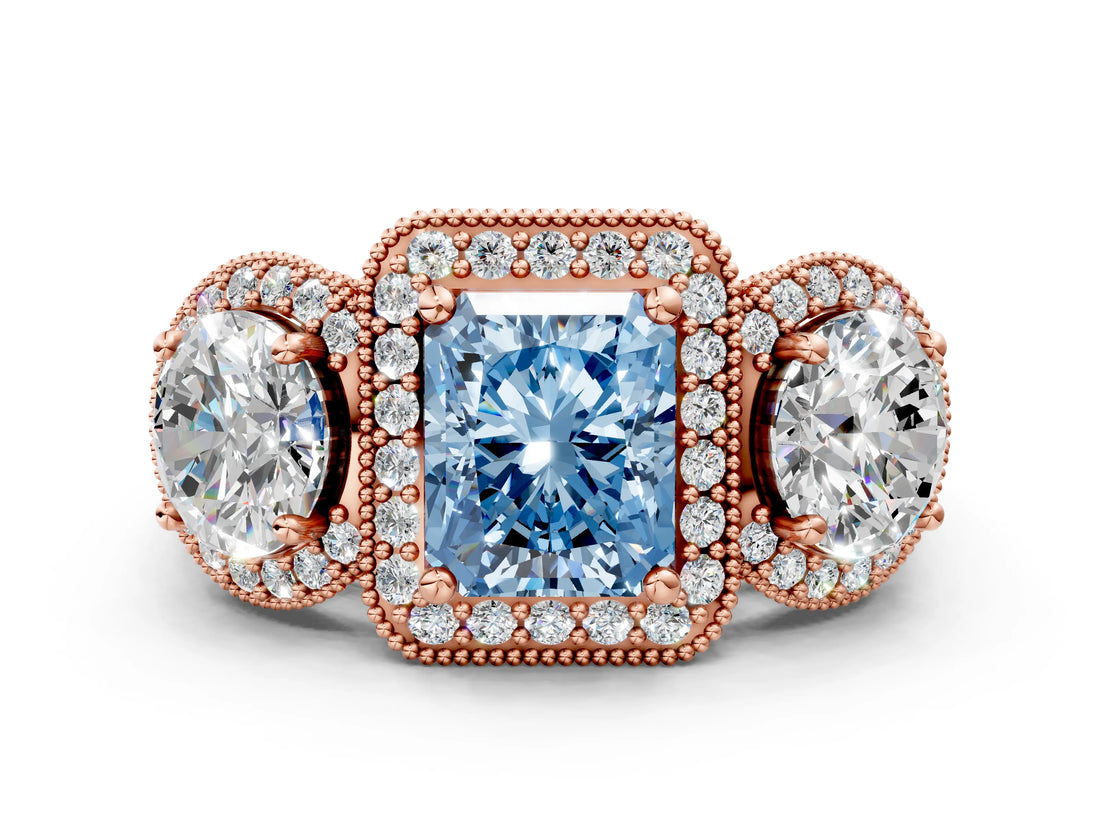 Rose gold Three-Stone Fancy Blue Radiant Cut Halo Diamond Milgrain Band with Four-Prong Setting