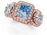 Rose gold Three-Stone Fancy Blue Radiant Cut Halo Diamond Milgrain Band with Four-Prong Setting_1