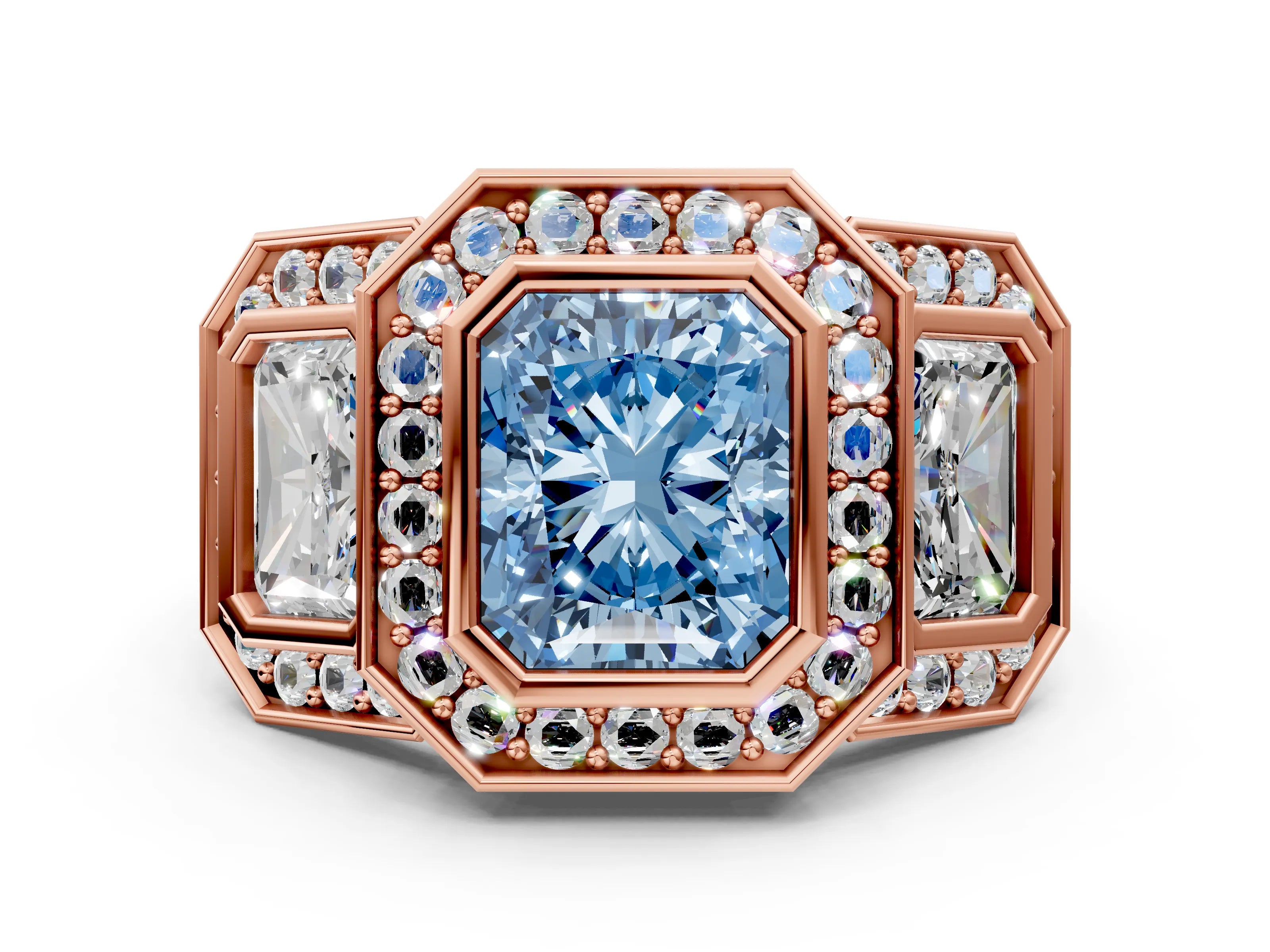 Rose gold Three-Stone Fancy Blue Radiant Cut Halo Pavé Diamond Ring_12