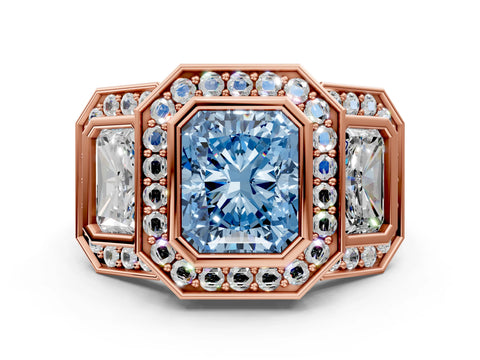 Rose gold Three-Stone Fancy Blue Radiant Cut Halo Pavé Diamond Ring_12