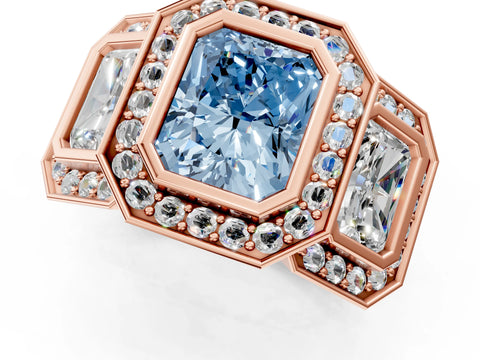 Rose gold Three-Stone Fancy Blue Radiant Cut Halo Pavé Diamond Ring_13