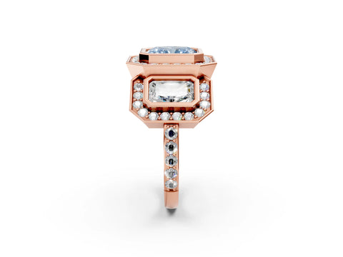 Rose gold Three-Stone Fancy Blue Radiant Cut Halo Pavé Diamond Ring_14