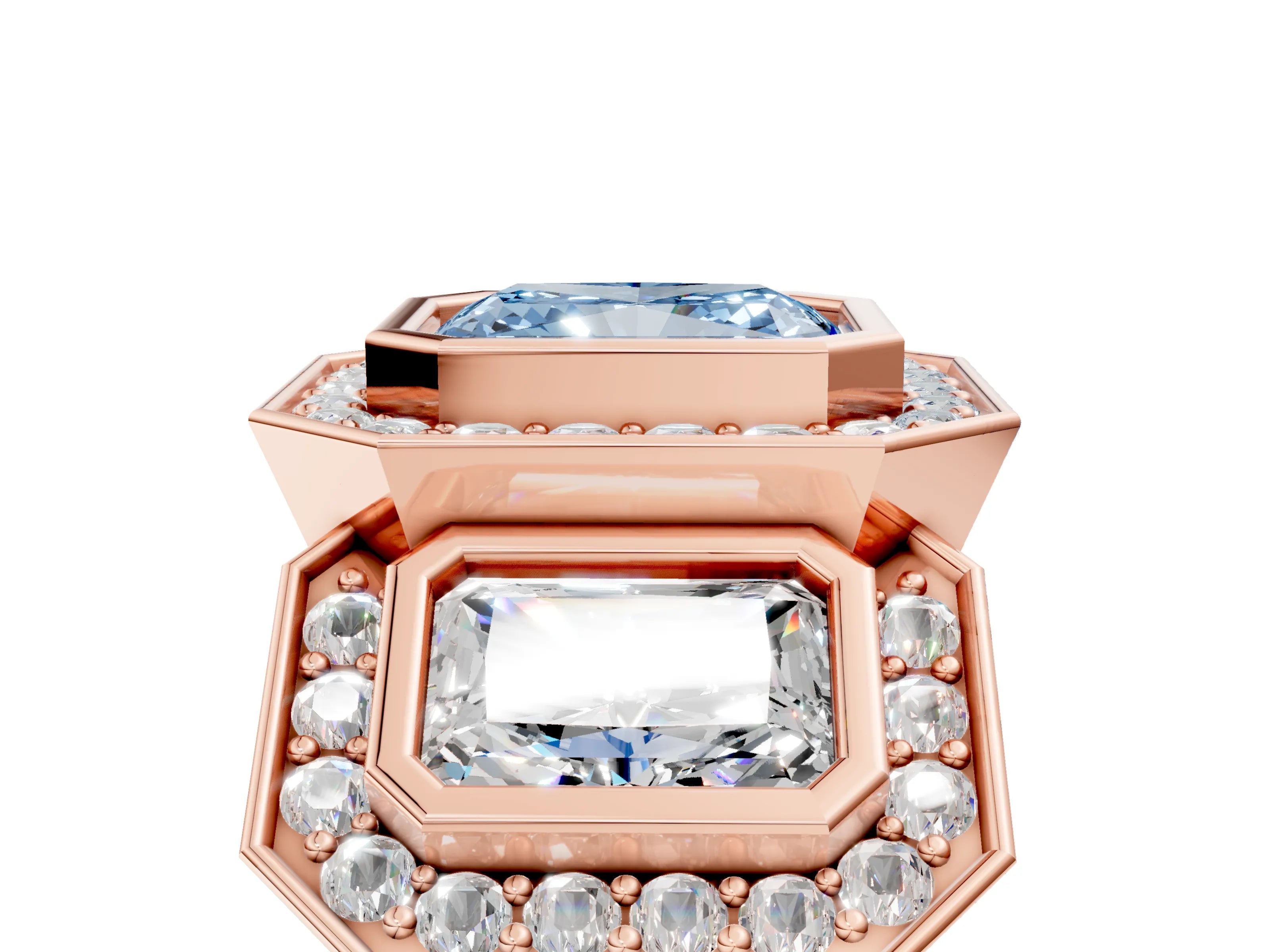 Rose gold Three-Stone Fancy Blue Radiant Cut Halo Pavé Diamond Ring_17
