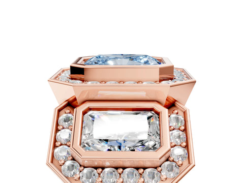 Rose gold Three-Stone Fancy Blue Radiant Cut Halo Pavé Diamond Ring_17