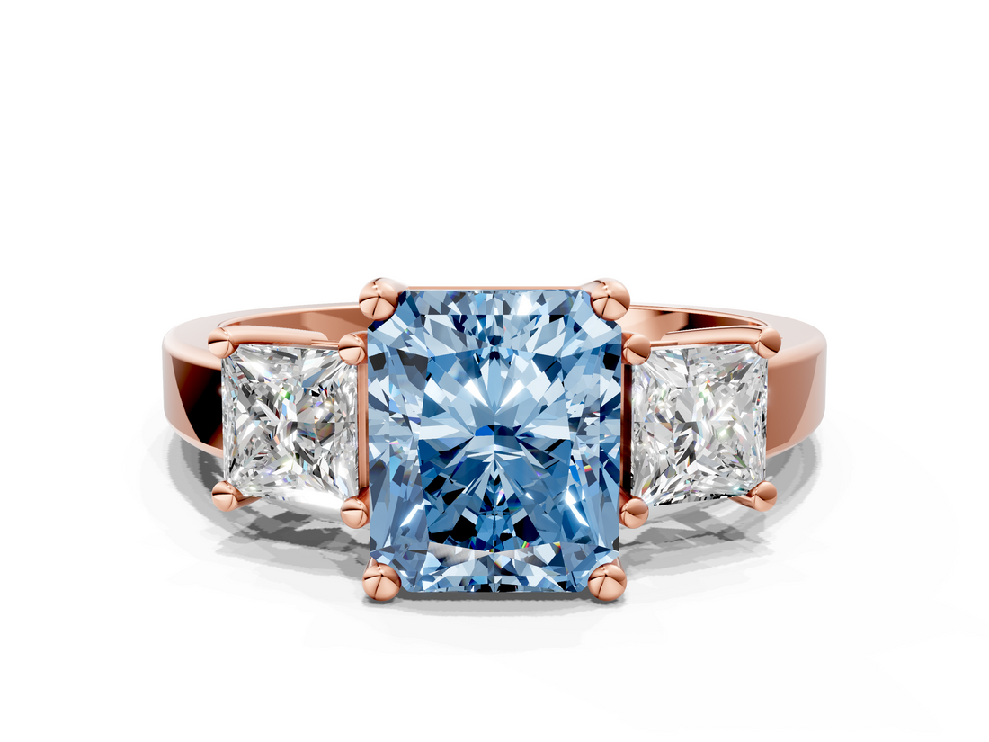 Rose gold Three-Stone Fancy Blue Radiant  Cut Solitaire Ring with Prong Setting_3