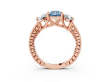 Rose gold Three-Stone Fancy Blue Radiant  Diamond Milgrain Pave Band with Prong Setting 4