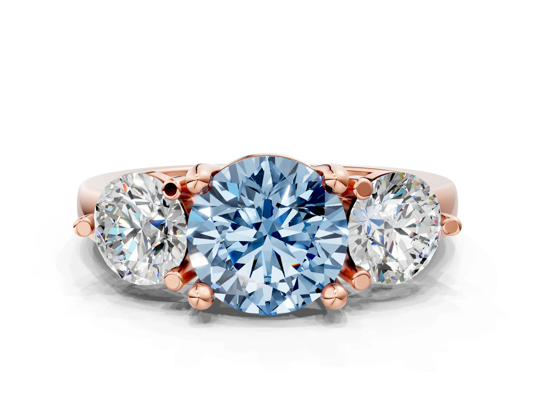 Rose gold Three-Stone Fancy Blue Round  Brilliant Cut Solitaire Ring with Prong Setting on a Classic Band 1