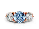 Rose gold Three-Stone Fancy Blue Round  Brilliant Cut Solitaire Ring with Prong Setting on a Classic Band 1