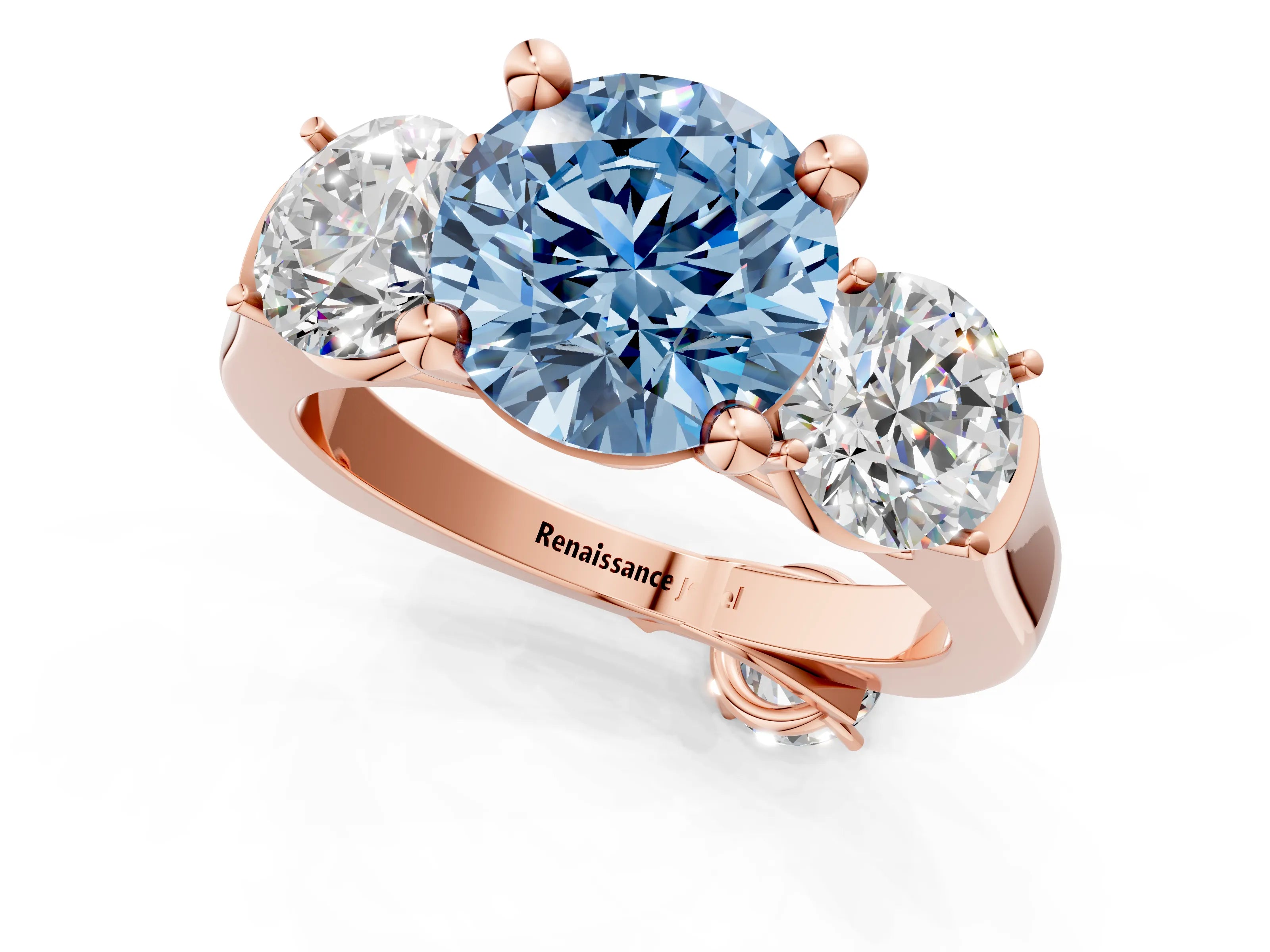 Rose gold Three-Stone Fancy Blue Round Cut Brilliant Diamond Trellis Ring with Comfort Fit Band_1