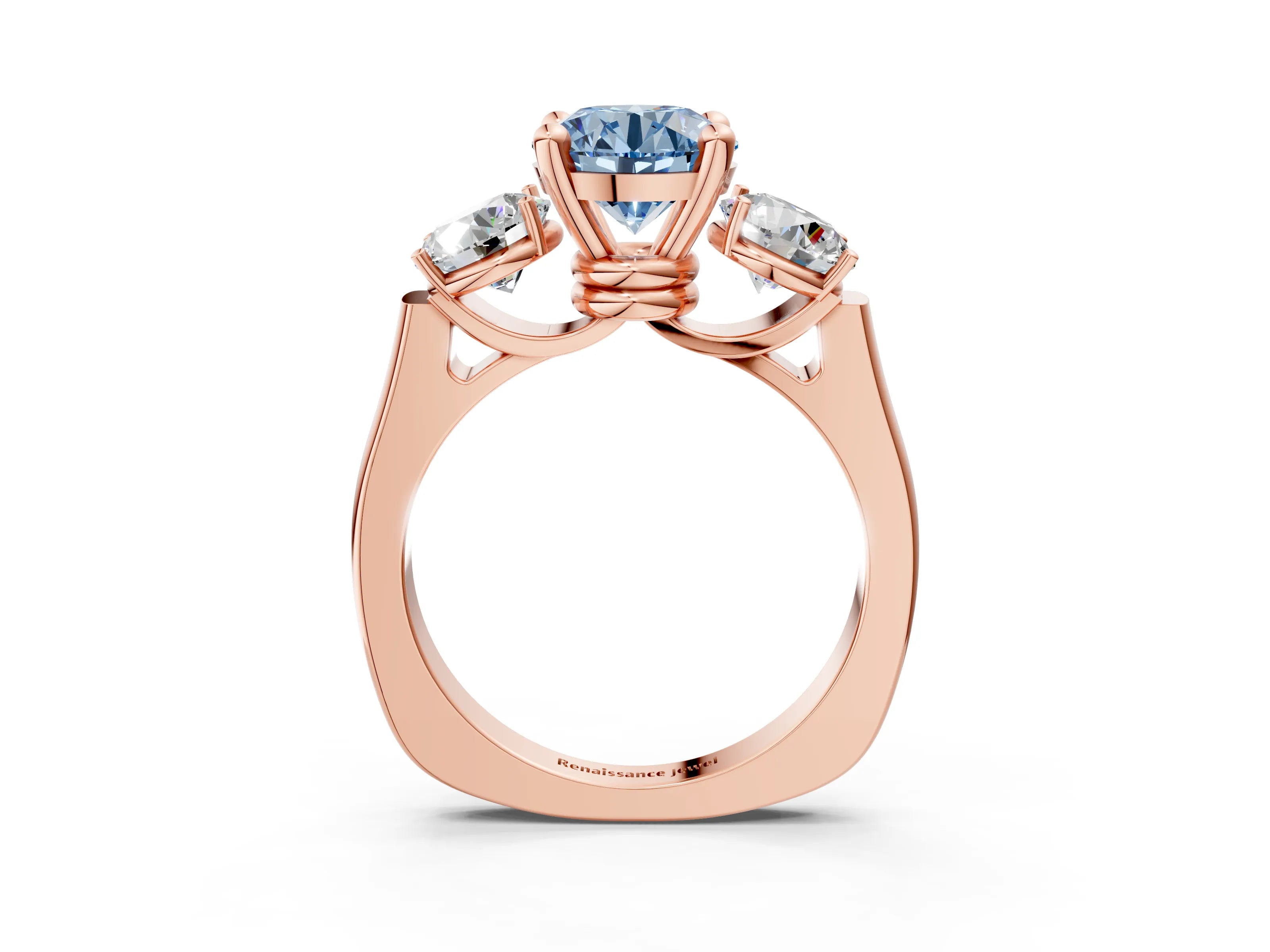 Rose gold Three-Stone Fancy Blue Round Cut Brilliant Diamond Trellis Ring with Comfort Fit Band_15