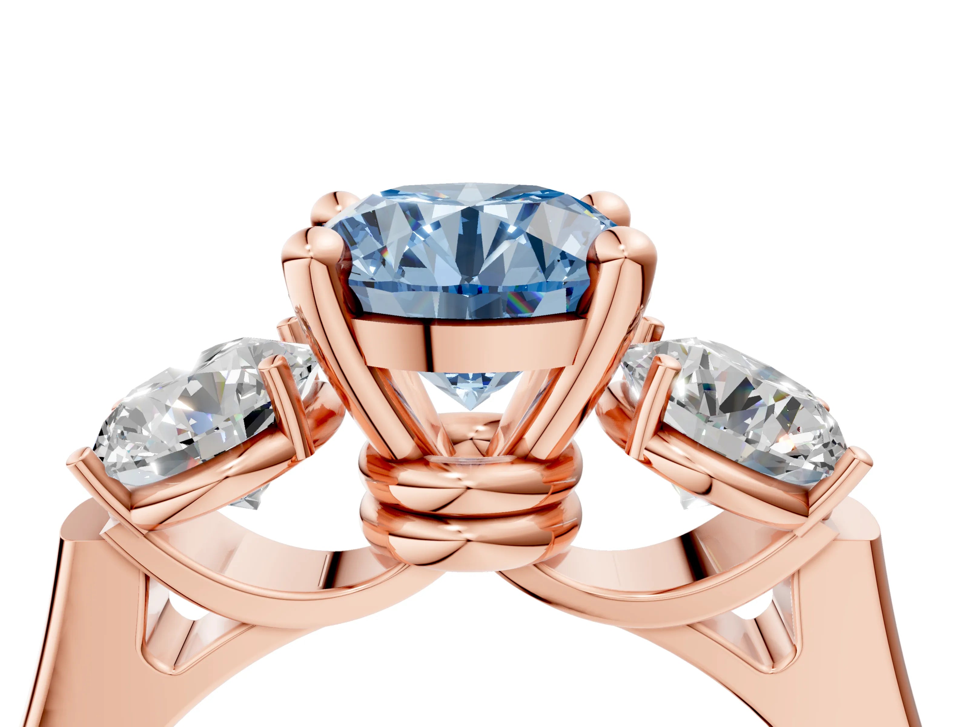 Rose gold Three-Stone Fancy Blue Round Cut Brilliant Diamond Trellis Ring with Comfort Fit Band_16