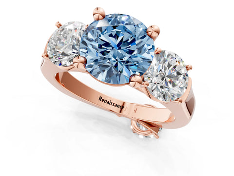 Rose gold Three-Stone Fancy Blue Round Cut Brilliant Diamond Trellis Ring with Comfort Fit Band_1