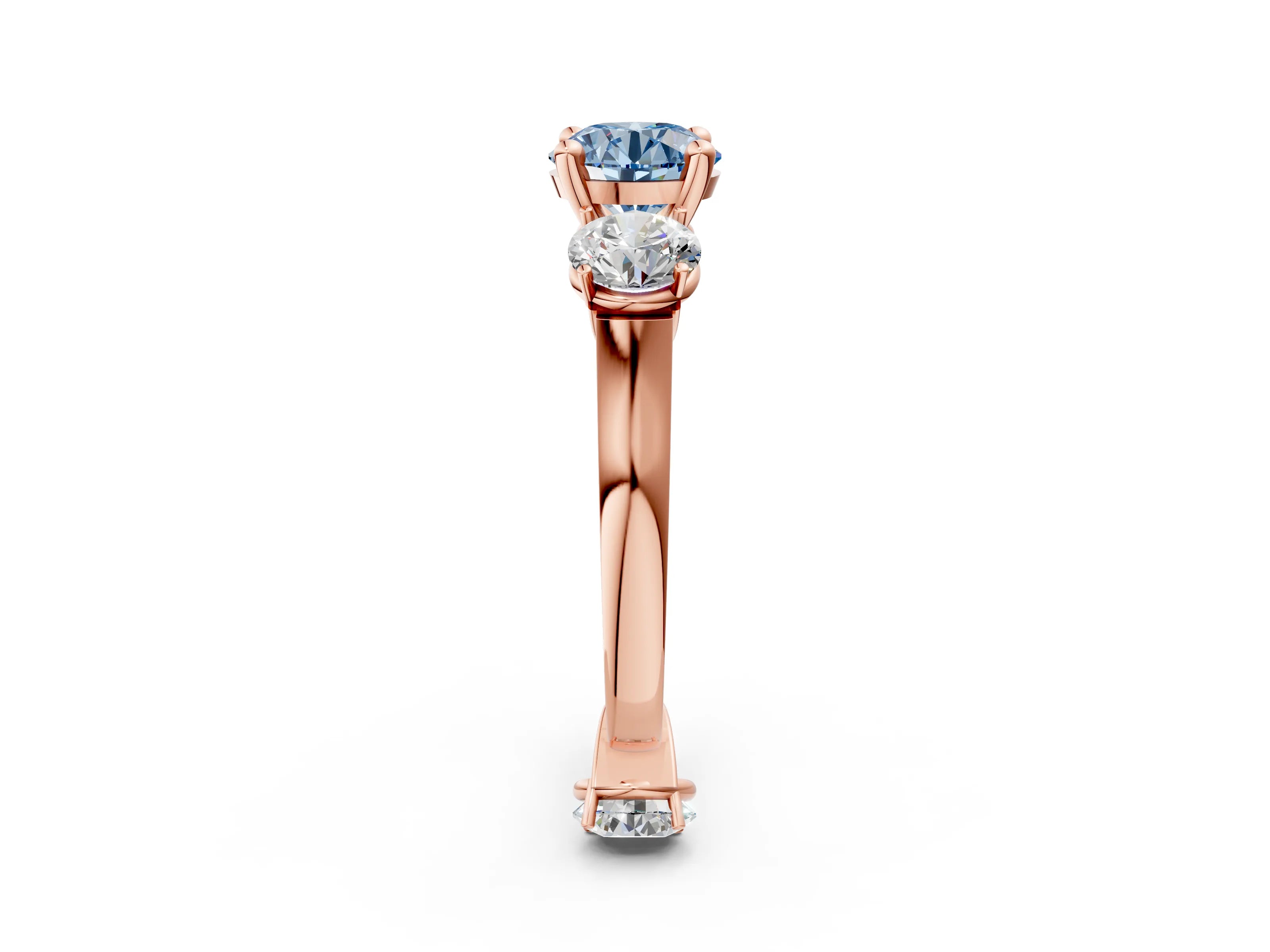 Rose gold Three-Stone Fancy Blue Round Cut Brilliant Diamond Trellis Ring with Comfort Fit Band_2