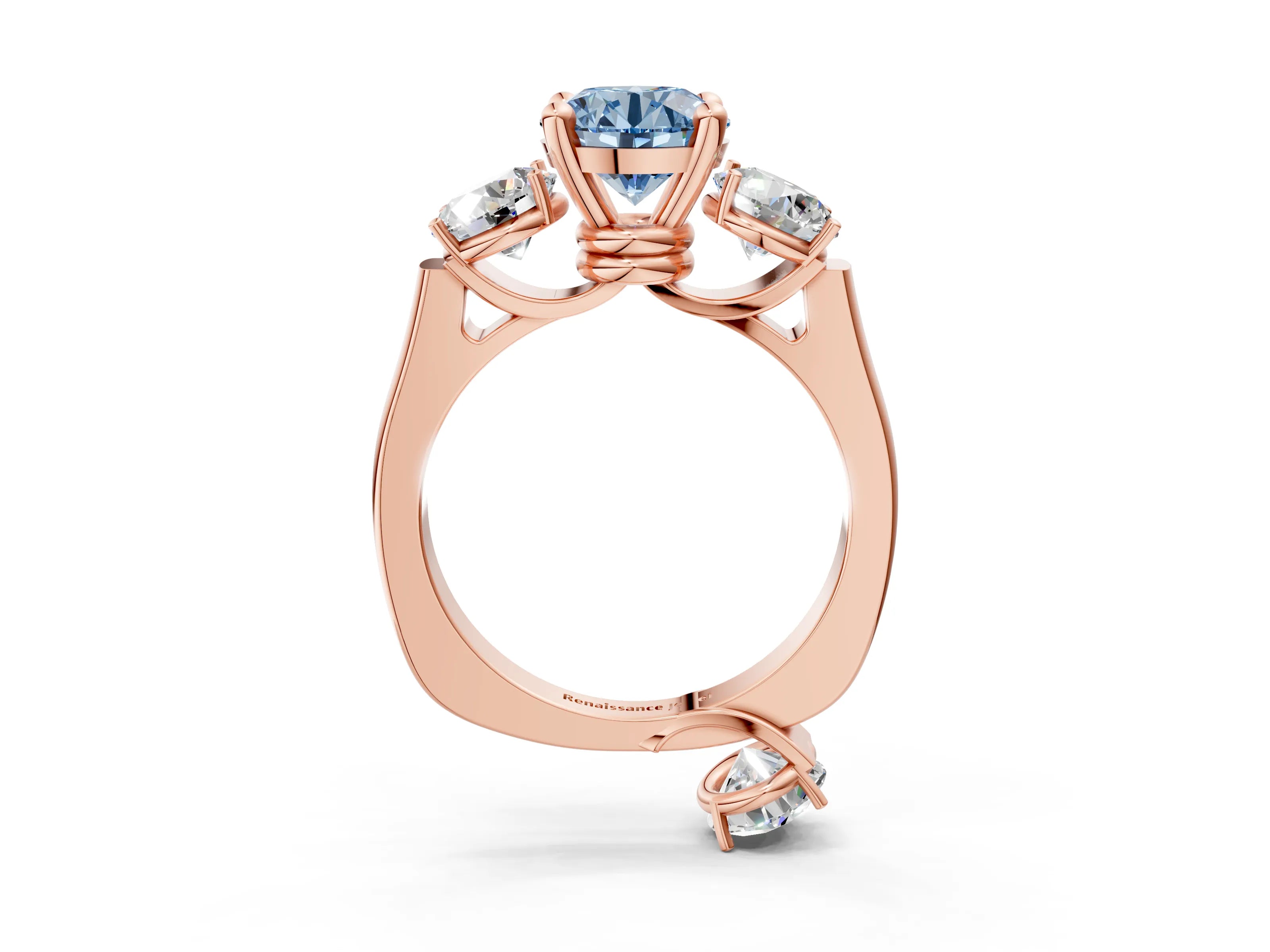Rose gold Three-Stone Fancy Blue Round Cut Brilliant Diamond Trellis Ring with Comfort Fit Band_3