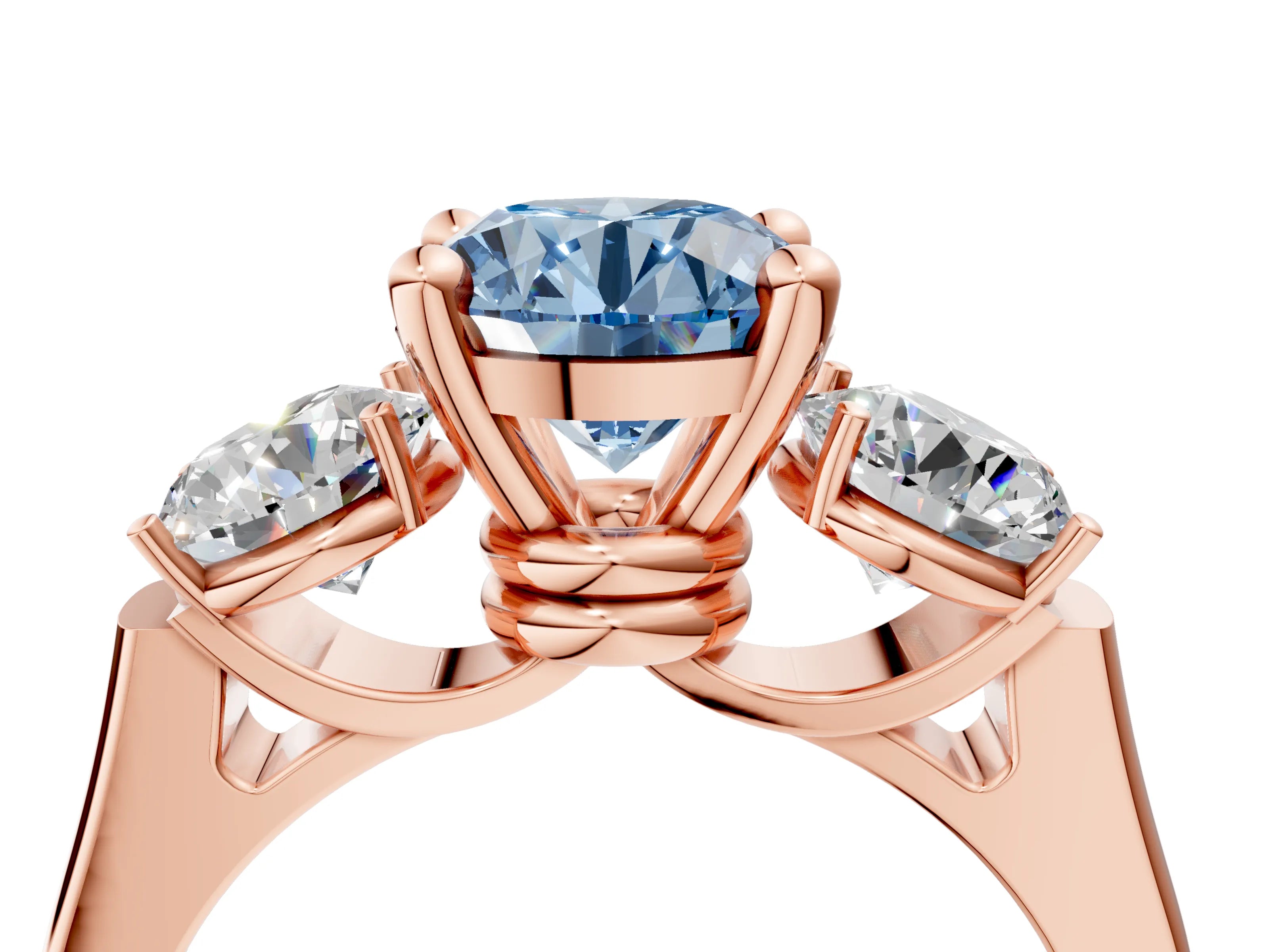 Rose gold Three-Stone Fancy Blue Round Cut Brilliant Diamond Trellis Ring with Comfort Fit Band_4