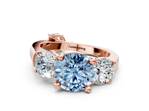 Rose gold Three-Stone Fancy Blue Round Cut Brilliant Diamond Trellis Ring with Comfort Fit Band