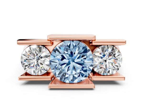 Rose Gold Round Channel Set Three Stone Engagement Ring Setting for Fancy Blue Center