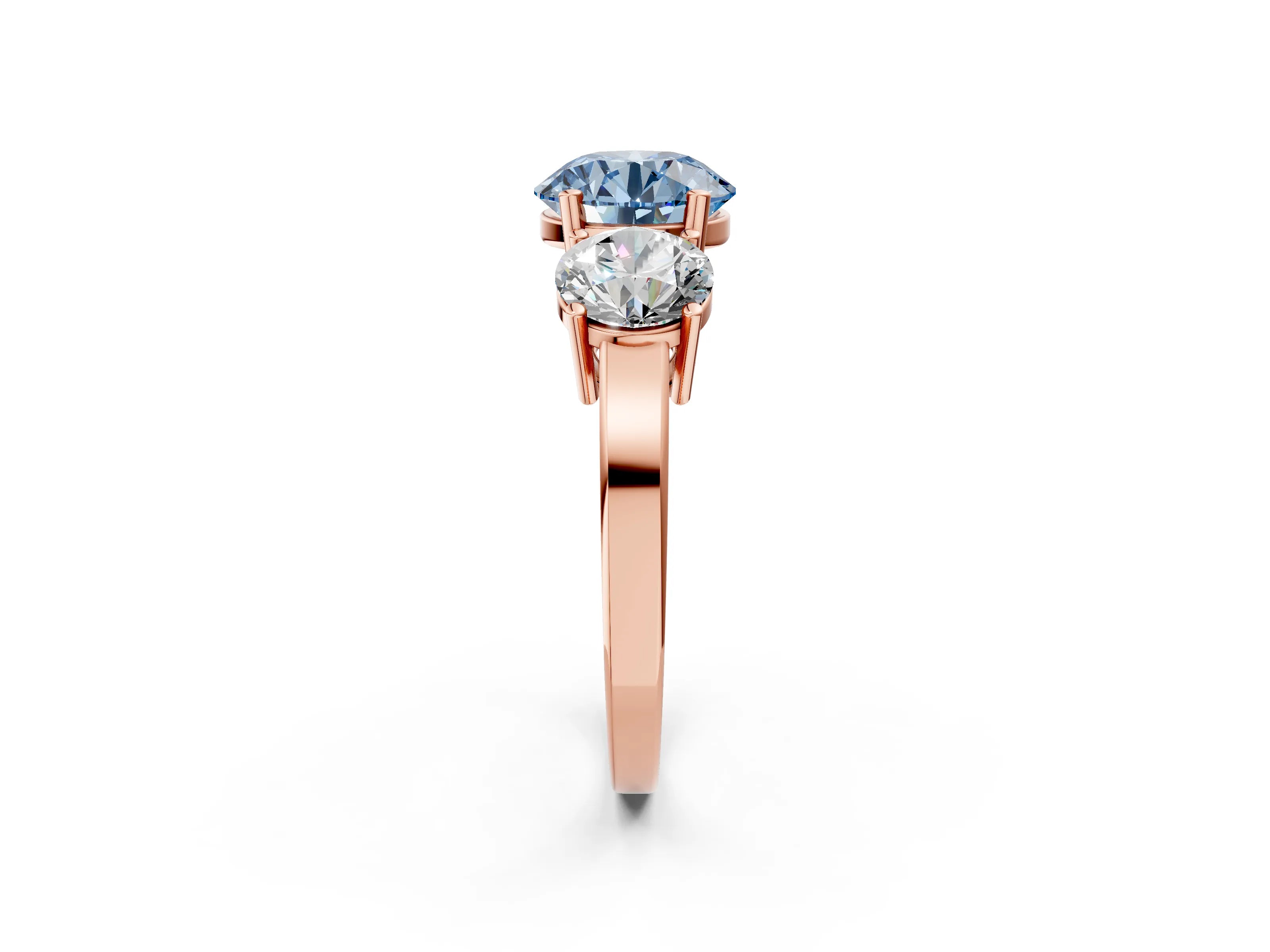 Rose gold Three-Stone Fancy Blue Round Cut Cut Diamond Engagement Ring with Flat Band and Four-Prong Setting_14