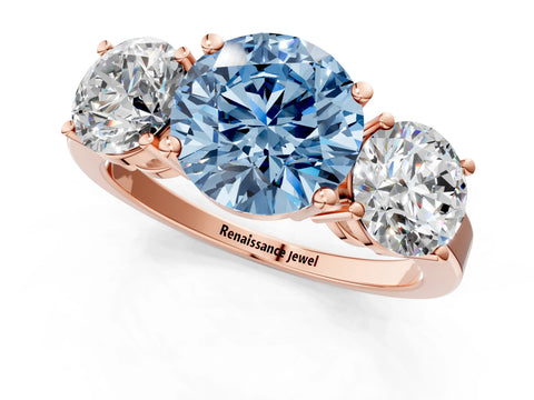 Rose gold Three-Stone Fancy Blue Round Cut Cut Diamond Engagement Ring with Flat Band and Four-Prong Setting_1