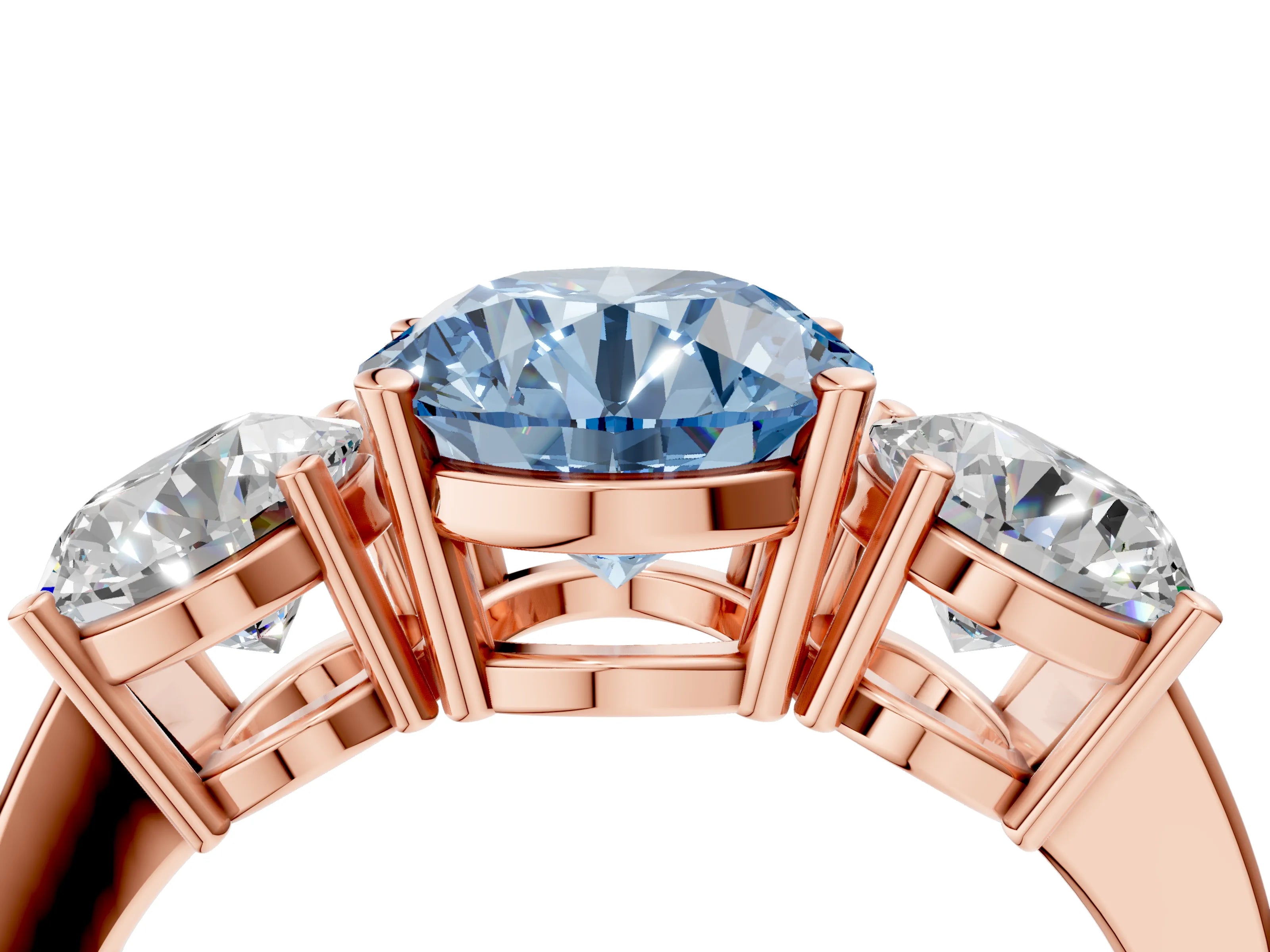Rose gold Three-Stone Fancy Blue Round Cut Cut Diamond Engagement Ring with Flat Band and Four-Prong Setting_4