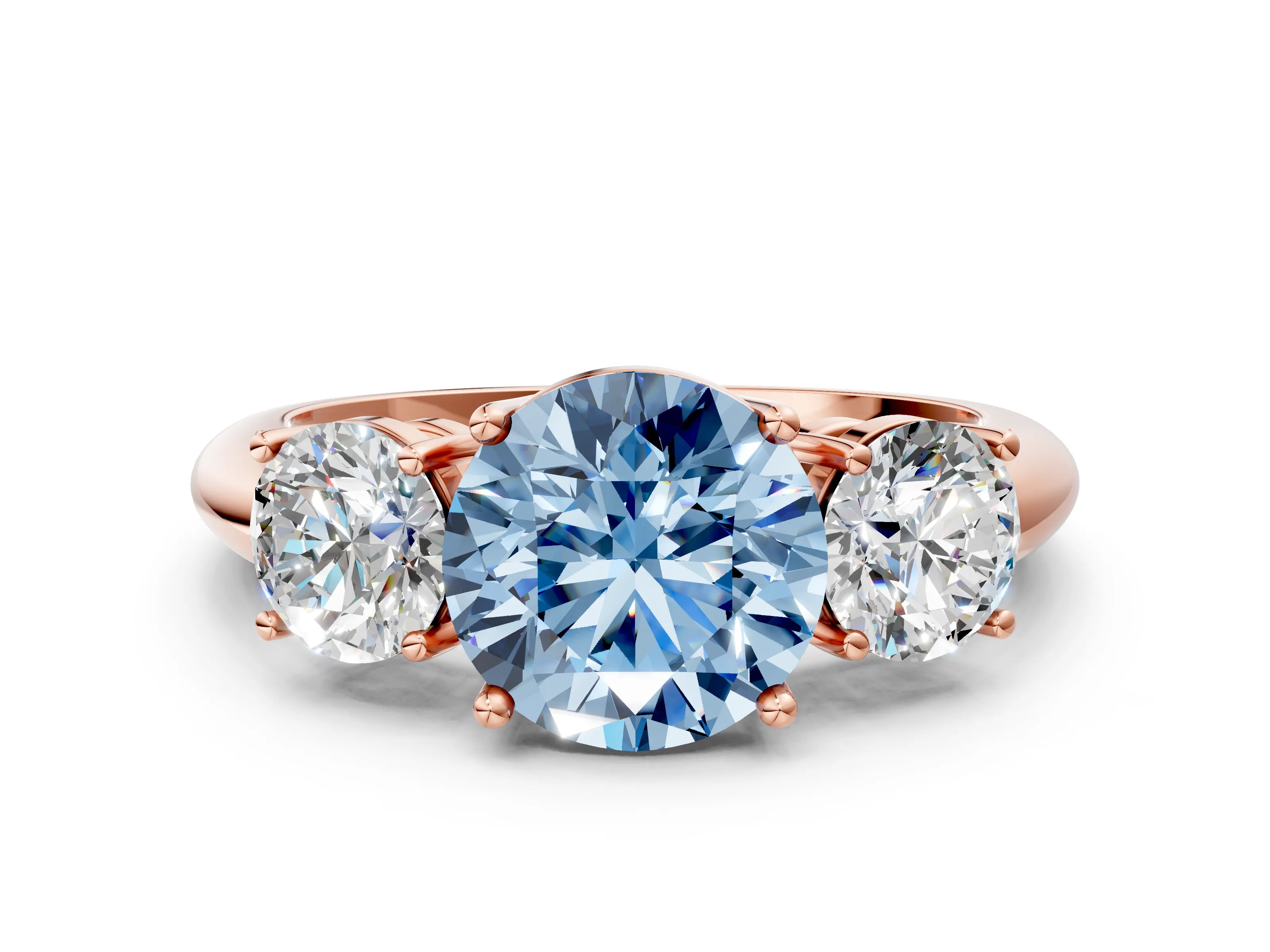 Rose gold Three-Stone Fancy Blue Round Cut Cut Diamond Engagement Ring with Prong Setting on a White Gold Band