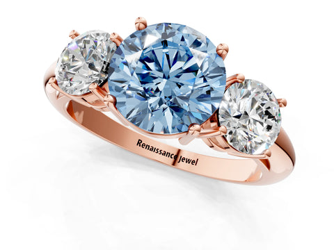 Rose gold Three-Stone Fancy Blue Round Cut Cut Diamond Engagement Ring with Prong Setting on a White Gold Band_1