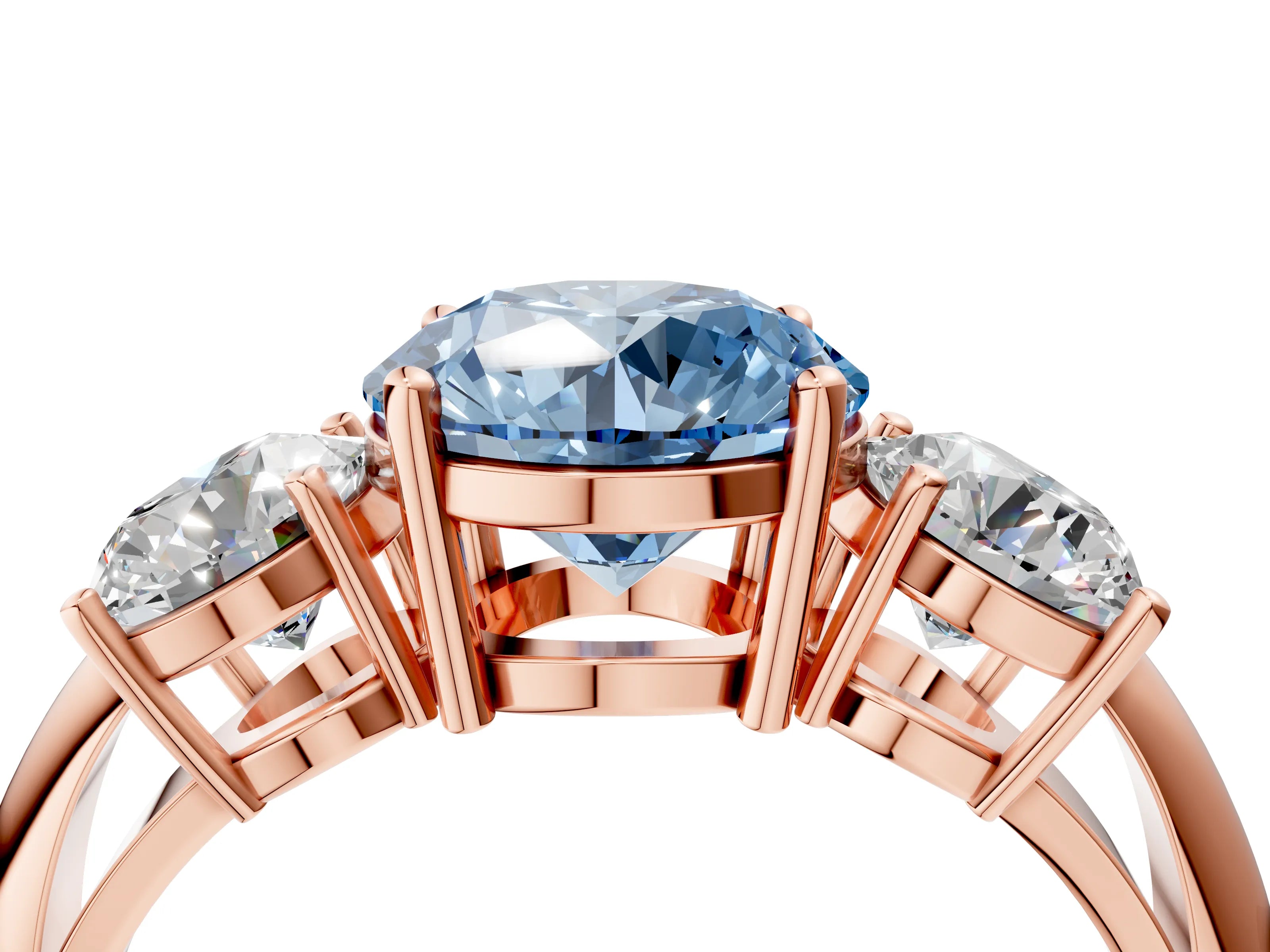 Rose gold Three-Stone Fancy Blue Round Cut Cut Diamond Engagement Ring with Prong Setting on a White Gold Band_28