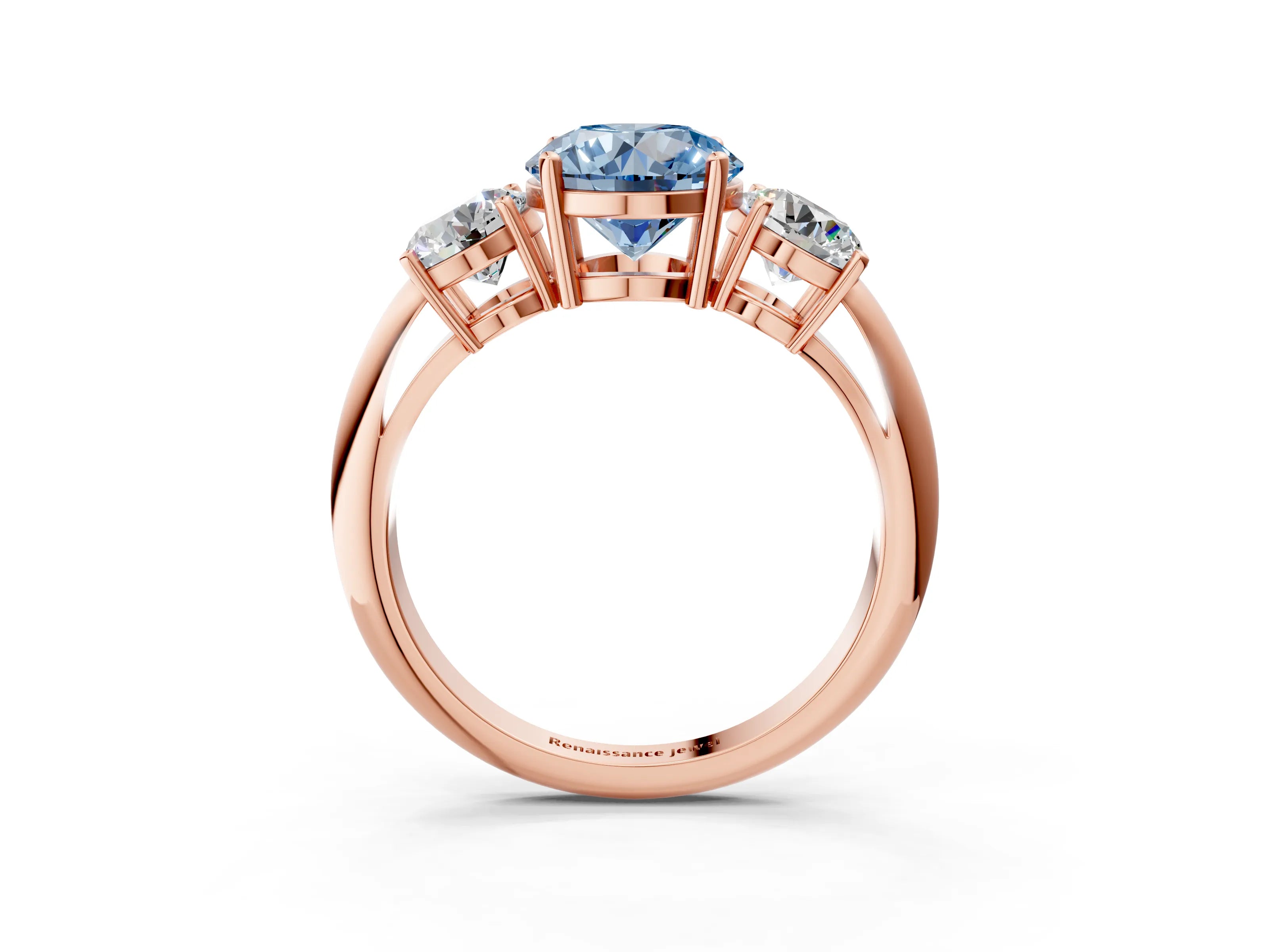 Rose gold Three-Stone Fancy Blue Round Cut Cut Diamond Engagement Ring with Prong Setting on a White Gold Band_3