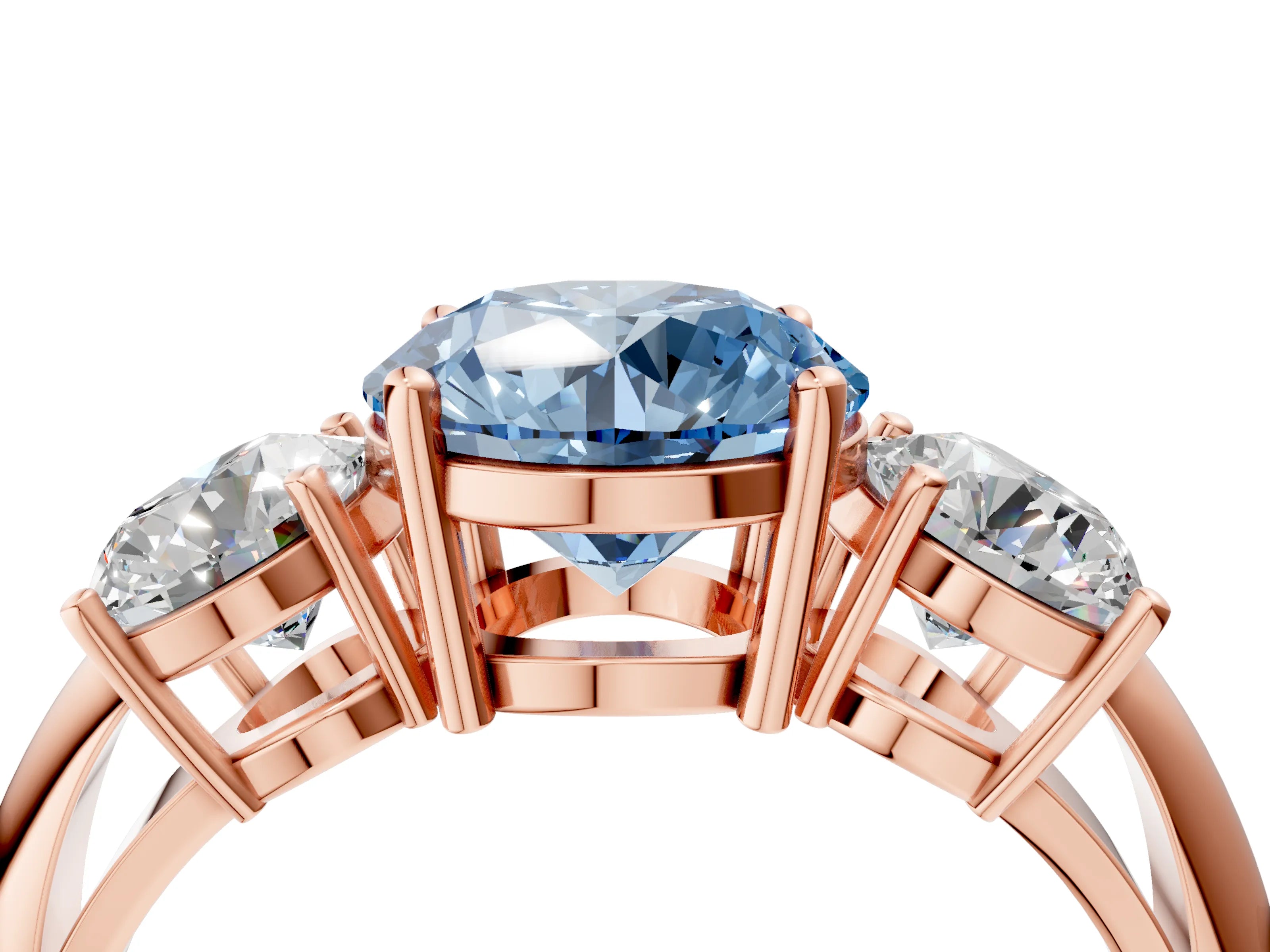 Rose gold Three-Stone Fancy Blue Round Cut Cut Diamond Engagement Ring with Prong Setting on a White Gold Band_4