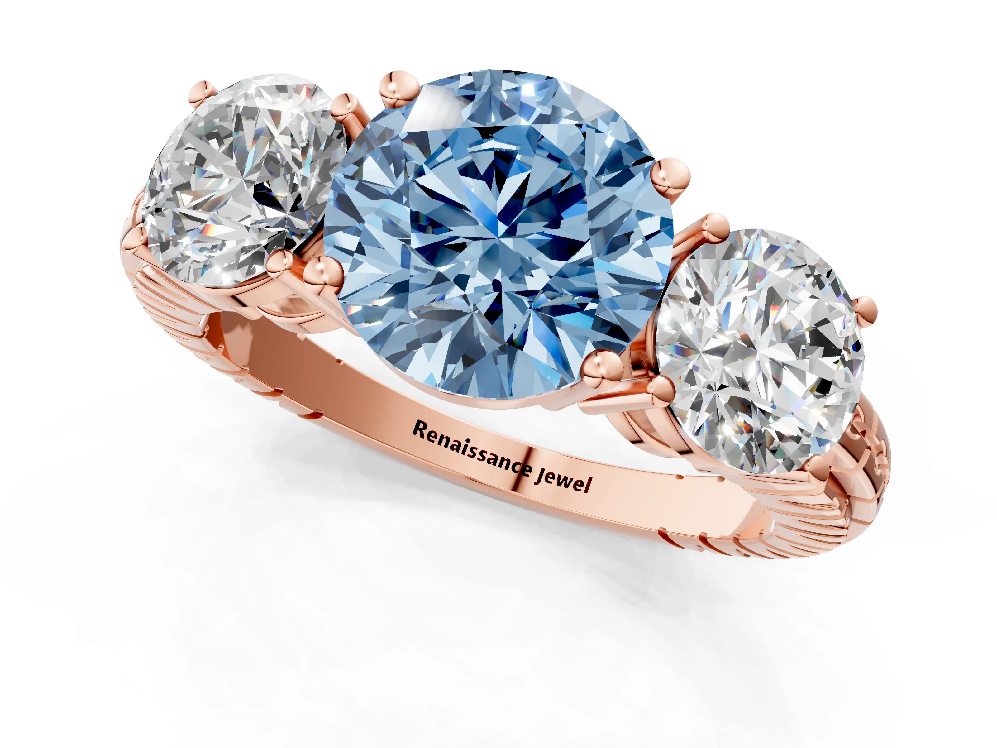Rose gold Three-Stone Fancy Blue Round Cut Cut Diamond Ring with Channel-Set Band and Prong Setting_1