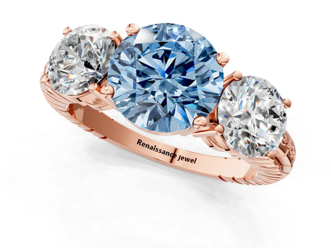 Rose gold Three-Stone Fancy Blue Round Cut Cut Diamond Ring with Channel-Set Band and Prong Setting_1