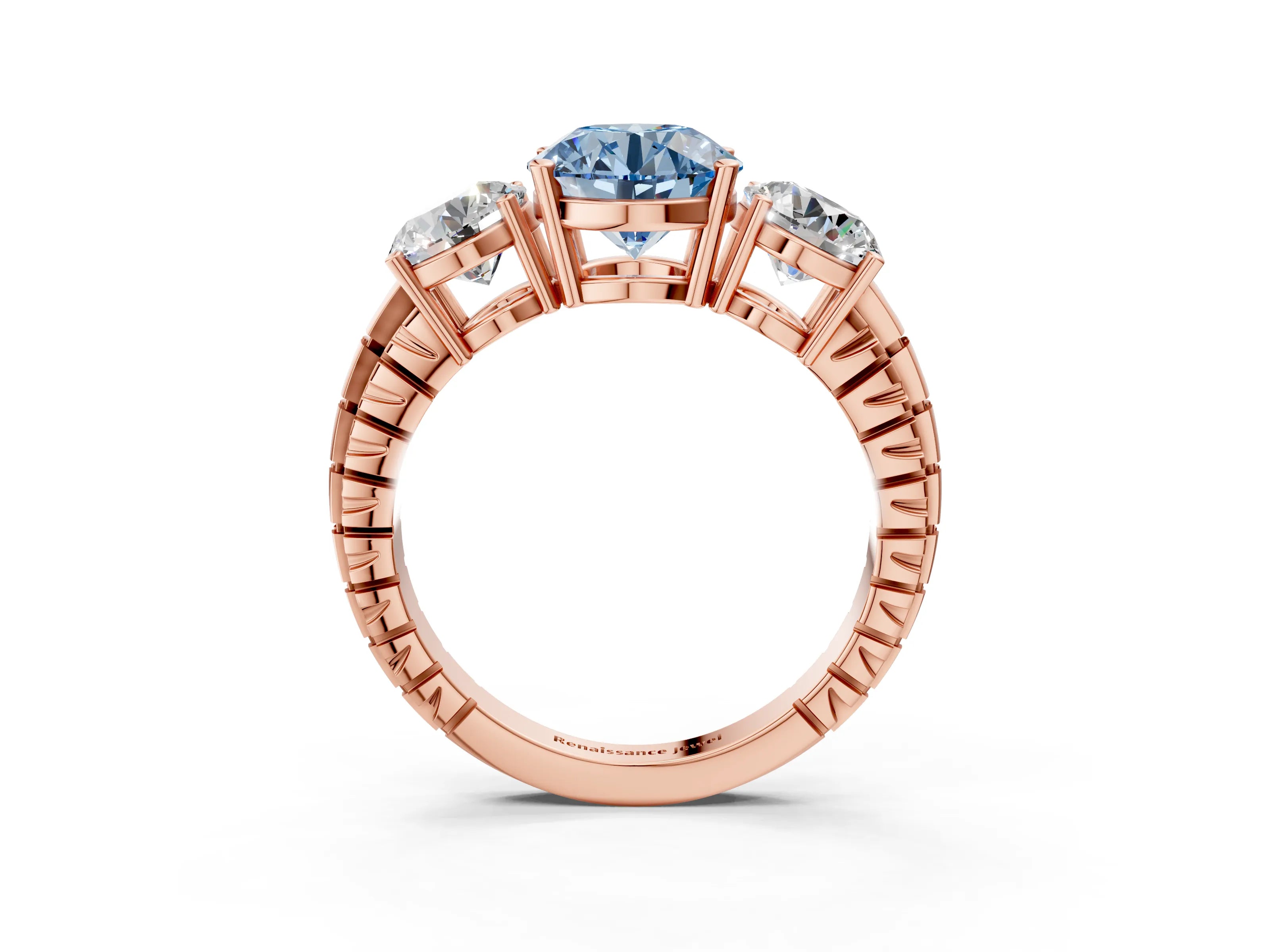 Rose gold Three-Stone Fancy Blue Round Cut Cut Diamond Ring with Channel-Set Band and Prong Setting_3