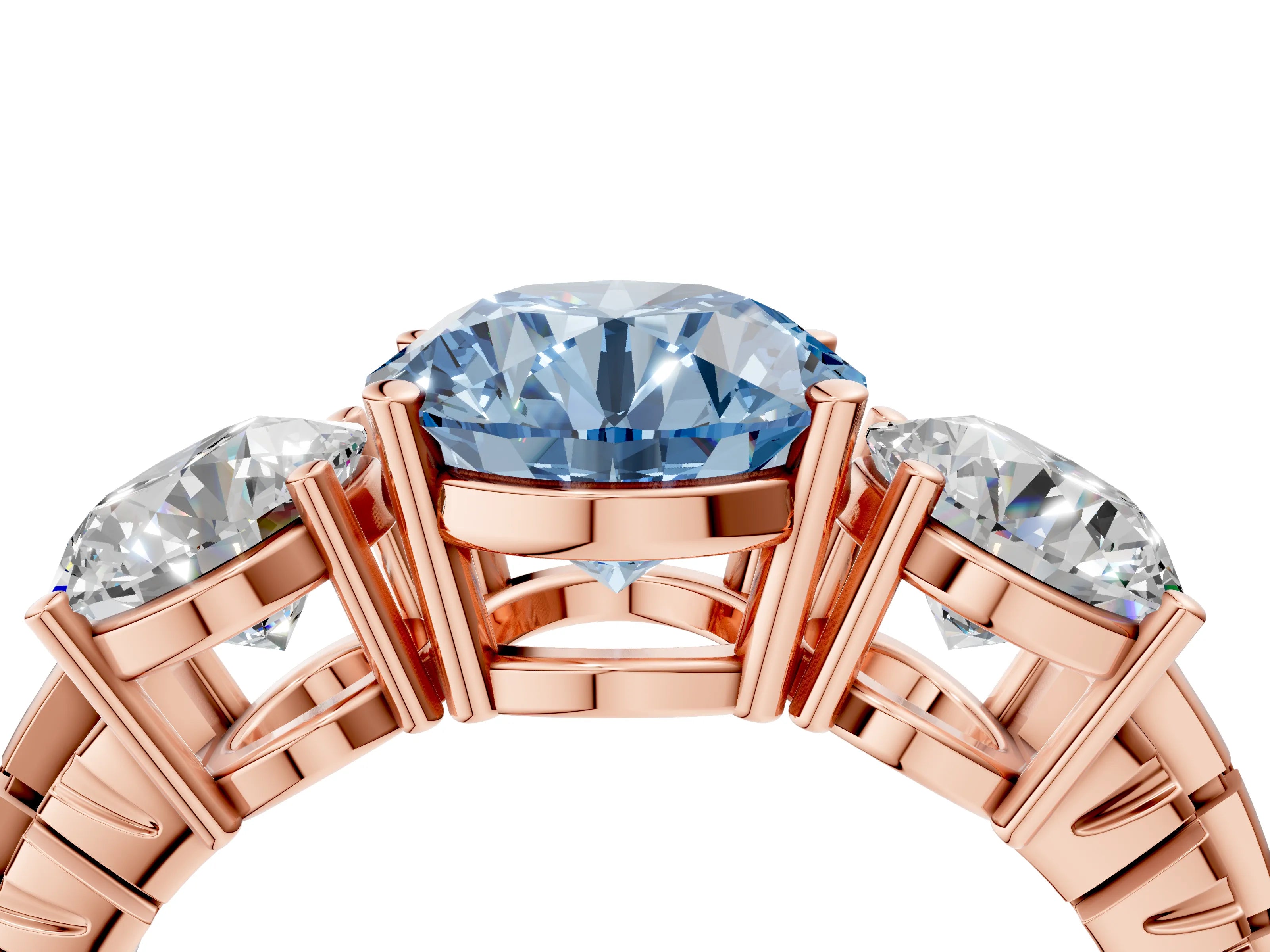 Rose gold Three-Stone Fancy Blue Round Cut Cut Diamond Ring with Channel-Set Band and Prong Setting_4