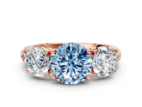 Rose gold Three-Stone Fancy Blue Round Cut Cut Diamond Ring with Channel-Set Band and Prong Setting