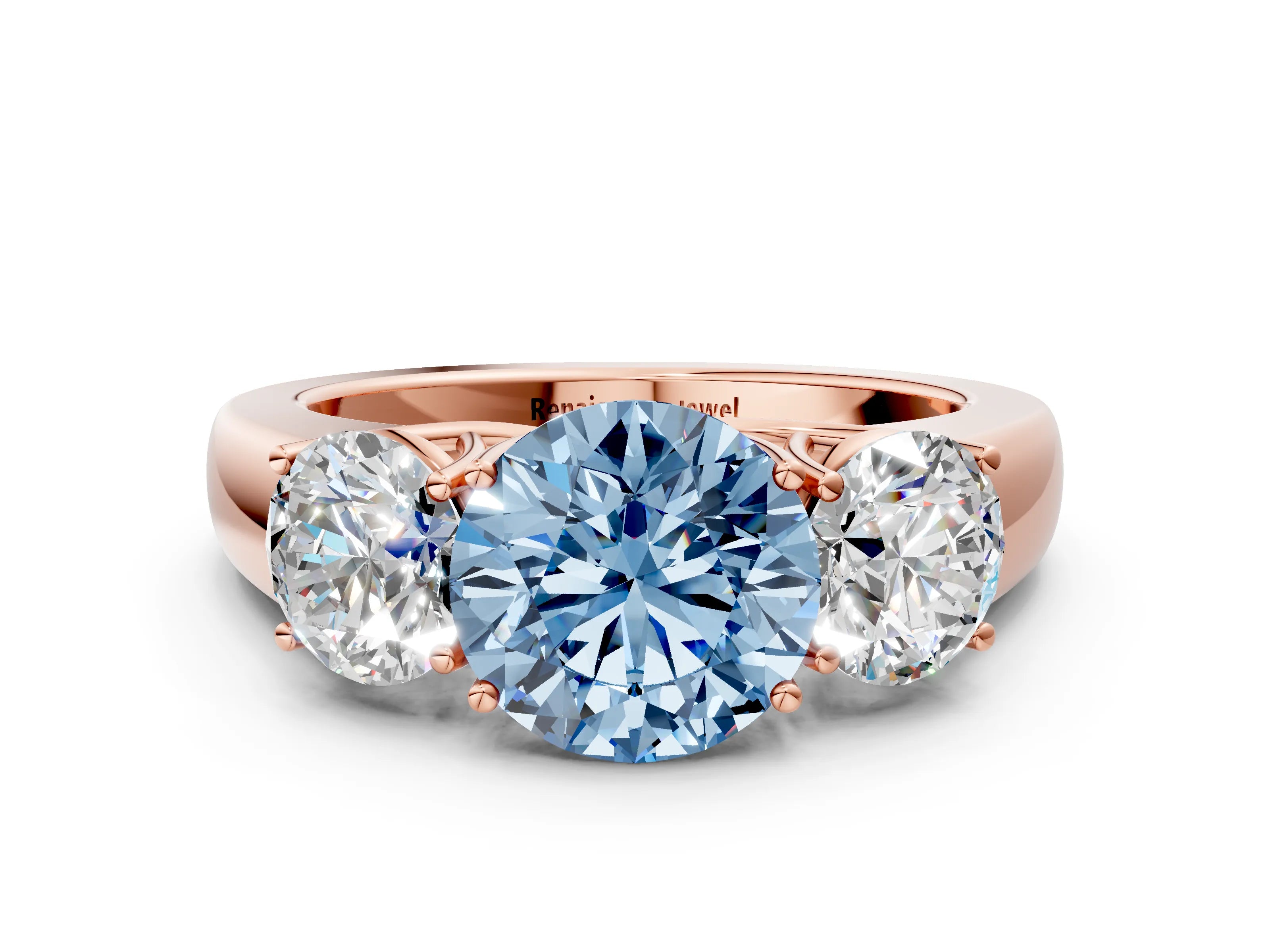 Rose gold Three-Stone Fancy Blue Round Cut Cut Diamond Ring with Prong Setting and Classic Band