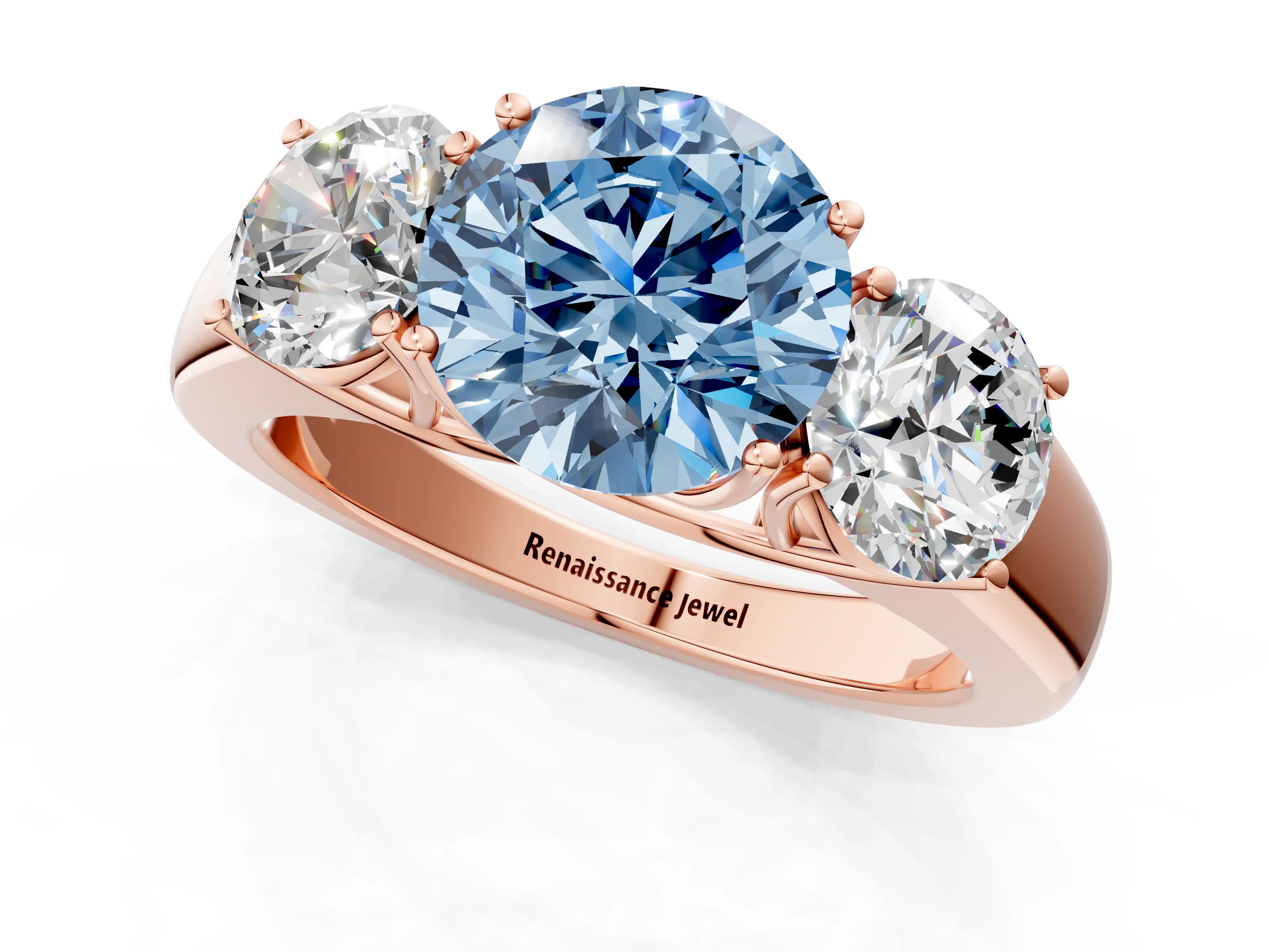 Rose gold Three-Stone Fancy Blue Round Cut Cut Diamond Ring with Prong Setting and Classic Band_1