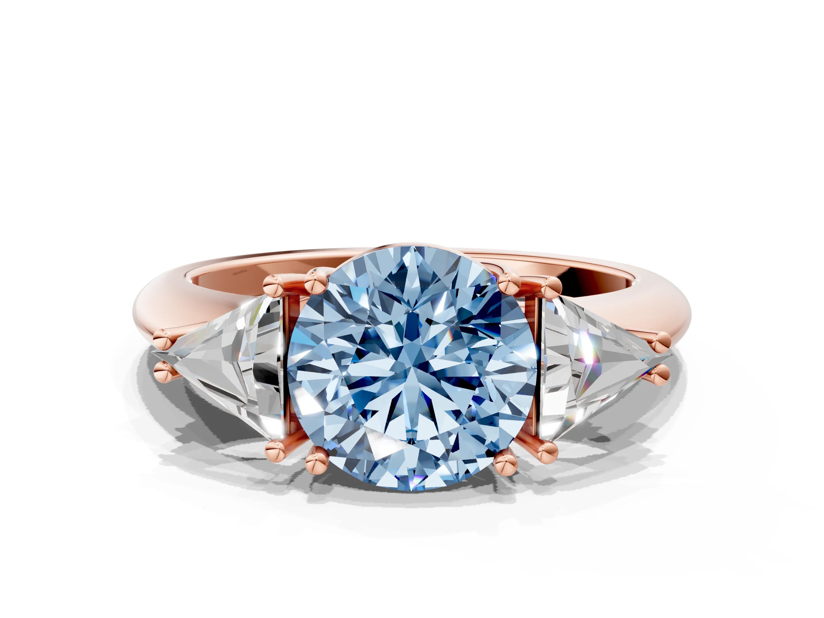 Rose gold Three-Stone Fancy Blue Round Cut Cut Diamond Ring with Trillion Side Stones and Four-Prong Setting_3