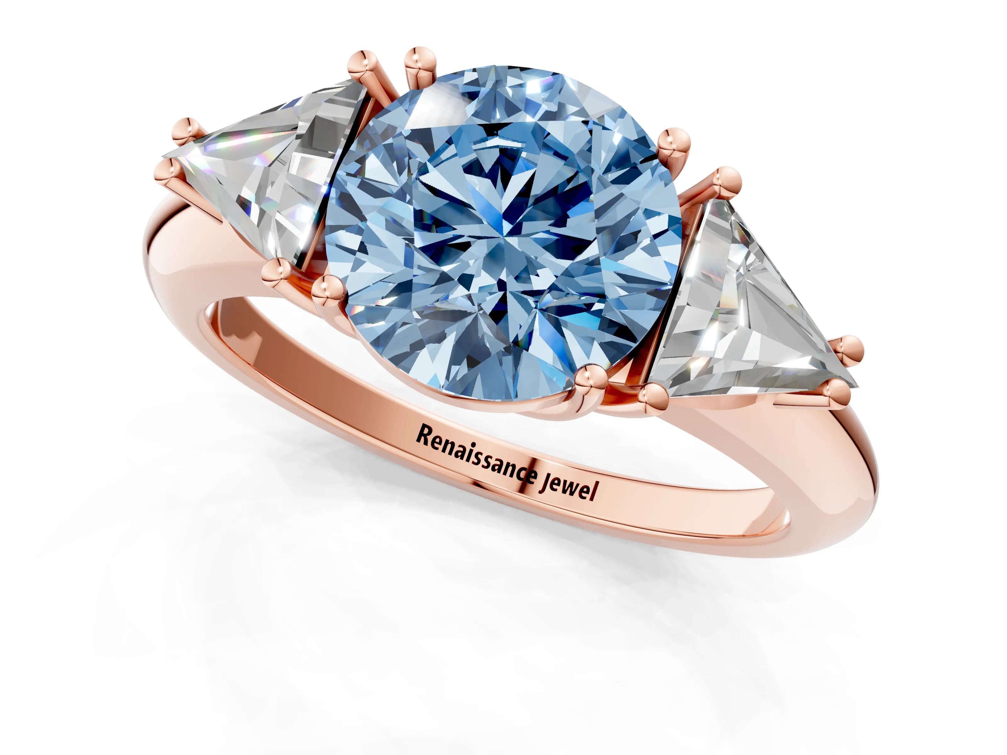 Rose gold Three-Stone Fancy Blue Round Cut Cut Diamond Ring with Trillion Side Stones and Four-Prong Setting_4