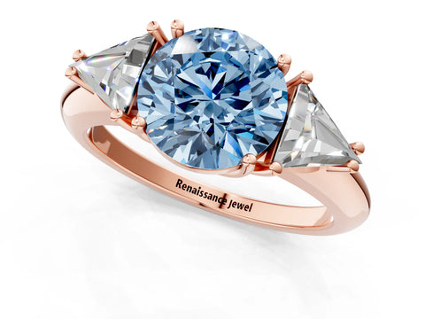 Rose gold Three-Stone Fancy Blue Round Cut Cut Diamond Ring with Trillion Side Stones and Four-Prong Setting_4