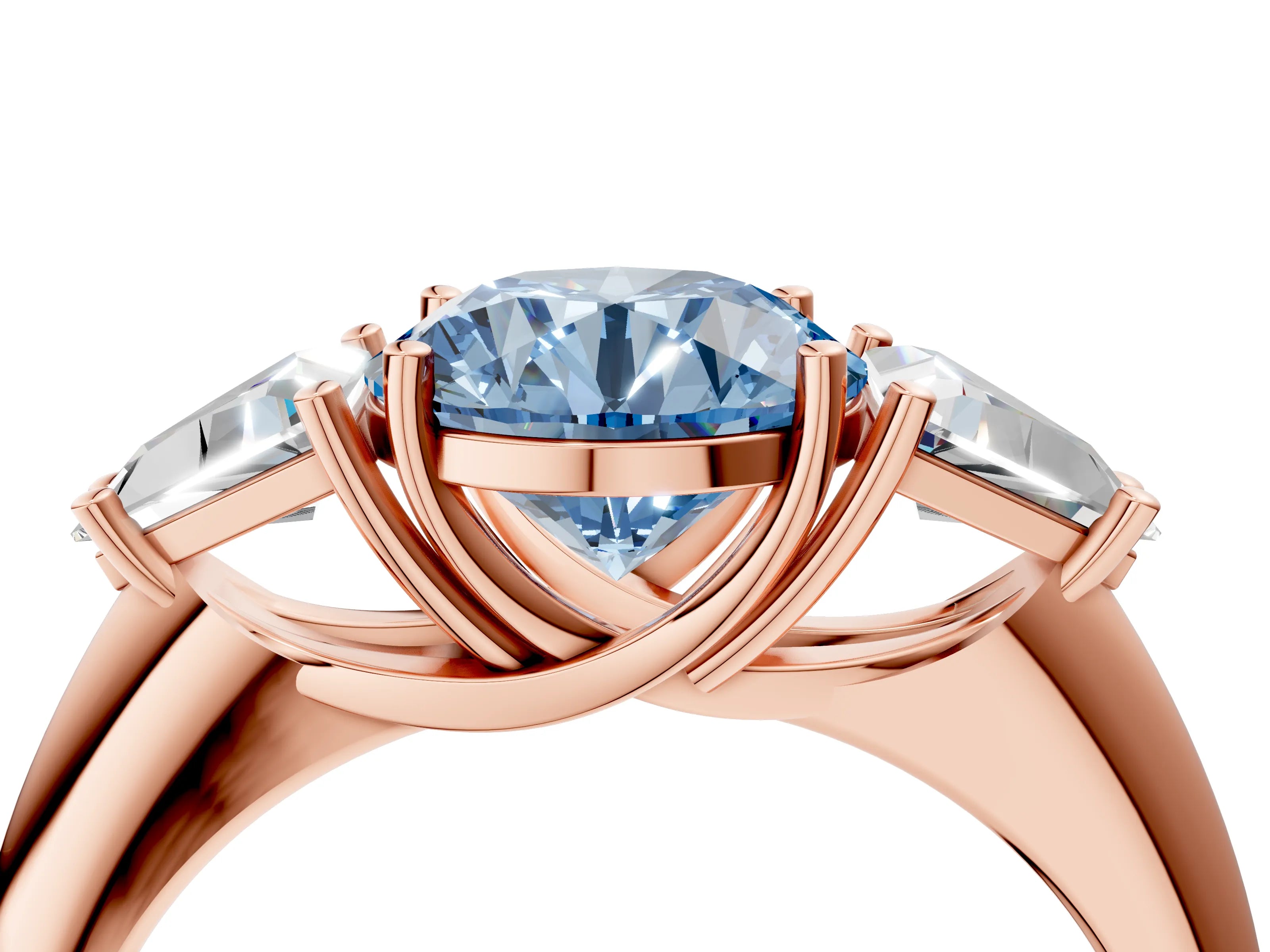 Rose gold Three-Stone Fancy Blue Round Cut Cut Diamond Ring with Trillion Side Stones and Four-Prong Setting_7