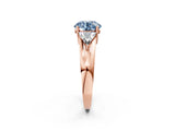 Rose gold Three-Stone Fancy Blue Round Cut Cut Diamond Ring with Trillion Side Stones on a Split Shank Band_2