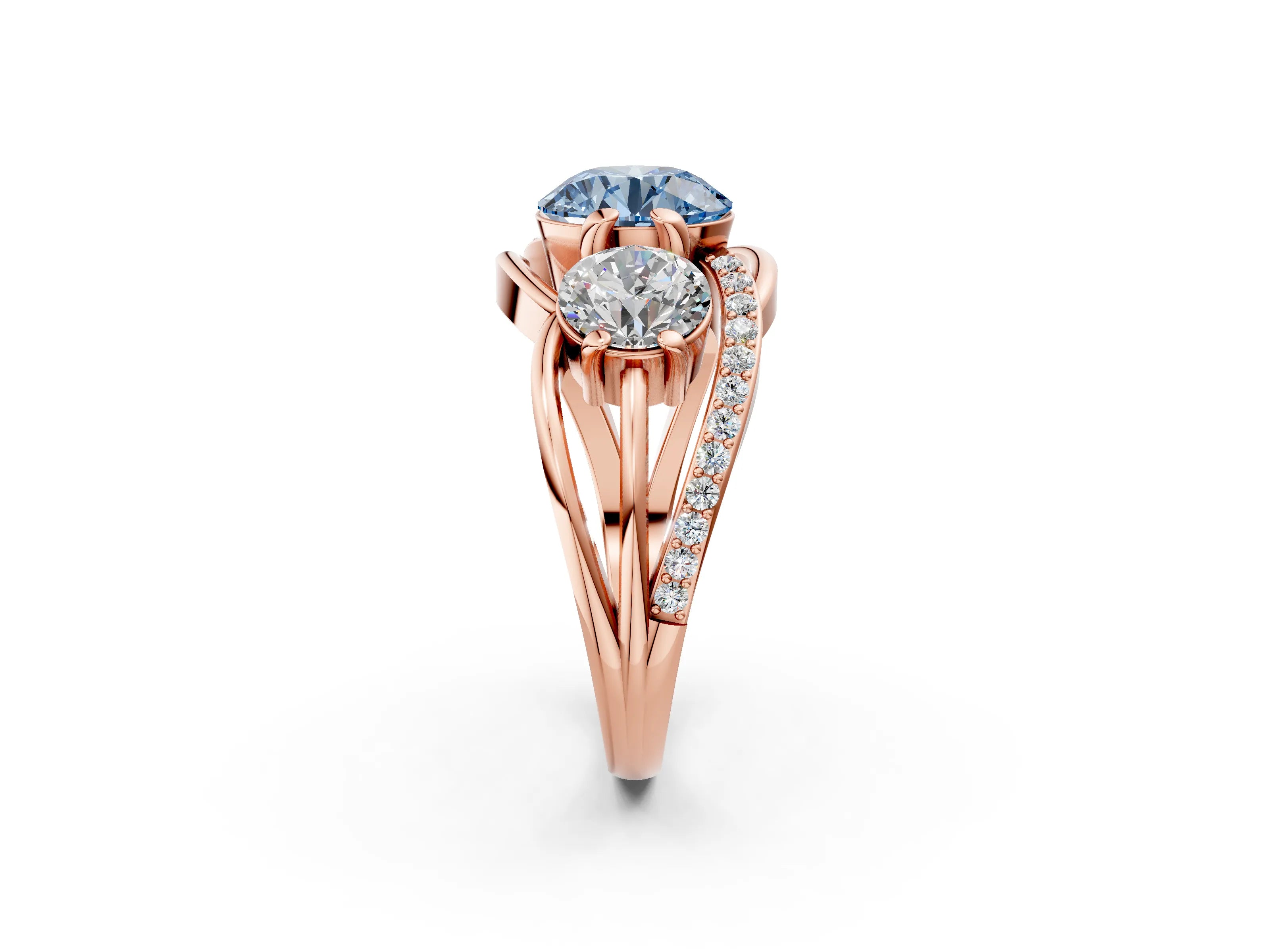 Rose gold Three-Stone Fancy Blue Round Cut Cut Diamond Split Shank Prong Set Ring_2