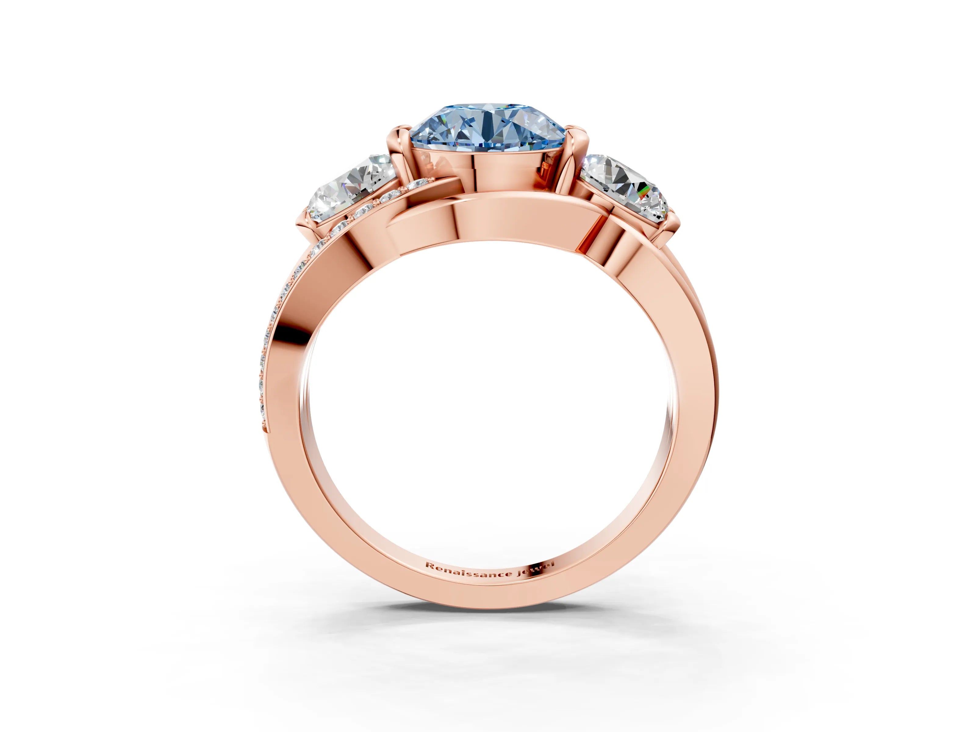 Rose gold Three-Stone Fancy Blue Round Cut Cut Diamond Split Shank Prong Set Ring_3