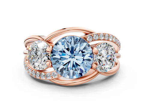 Rose gold Three-Stone Fancy Blue Round Cut Cut Diamond Split Shank Prong Set Ring