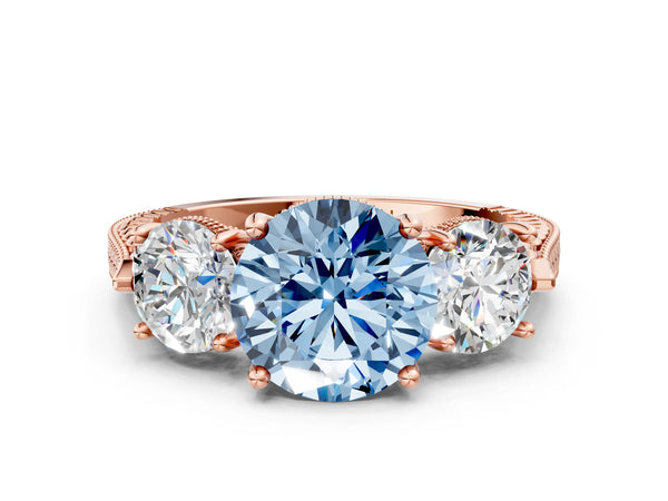 Rose Gold Round Vintage Three Stone Engagement Ring Setting for Fancy Blue Center