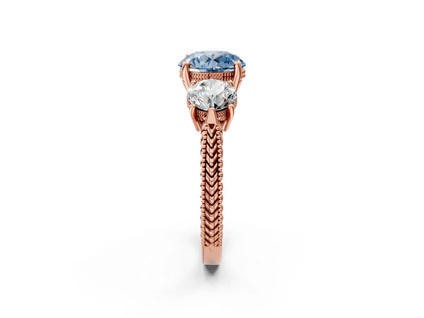 Rose Gold Round Vintage Three Stone Engagement Ring Setting for Fancy Blue Center