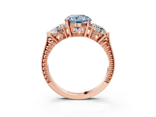 Rose Gold Round Vintage Three Stone Engagement Ring Setting for Fancy Blue Center